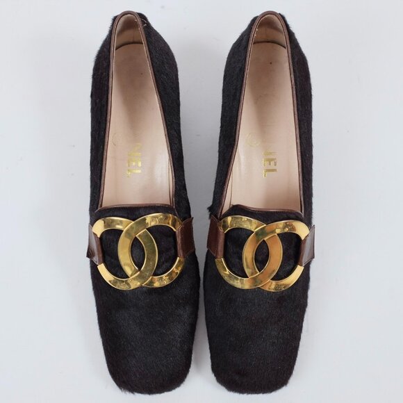 CHANEL shoes 39 US 9 pony hair XL huge CC logo buckle low 2" heel Vintage 1995 - Picture 7 of 11